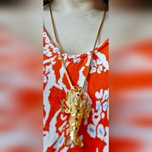 Vintage 80s Jewelled Golden Lobster Necklace/Brooch